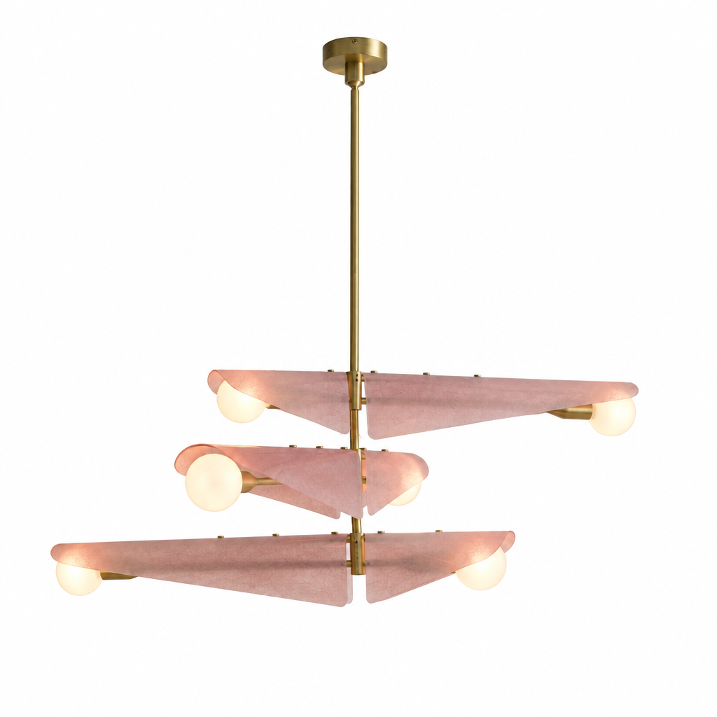A modern multi-tiered chandelier with a brushed brass/gold metal frame and frosted glass shades, shown illuminated against a neutral beige wall and ceiling.
