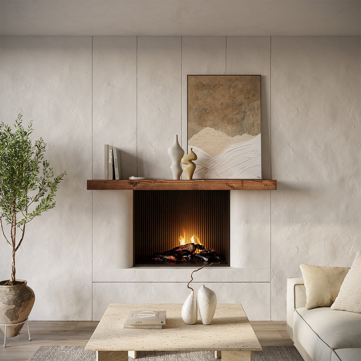Textured Solid Floating Timber Fireplace Mantel Shelf.