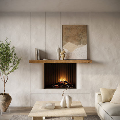 Textured Solid Floating Timber Fireplace Mantel Shelf.
