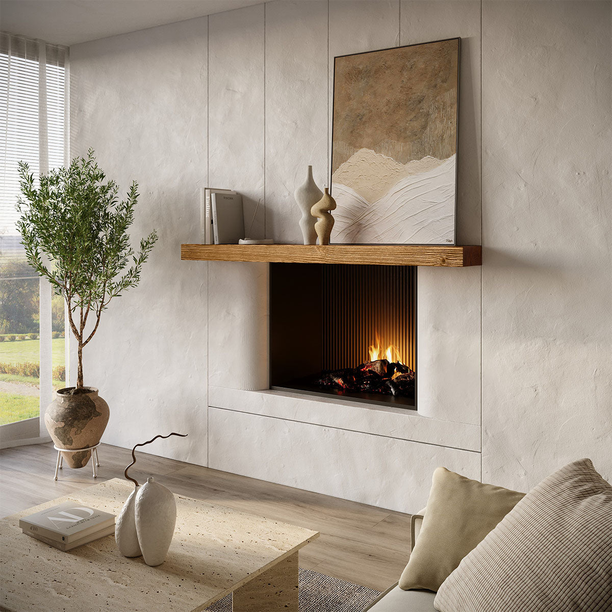 Textured Solid Floating Timber Fireplace Mantel Shelf.
