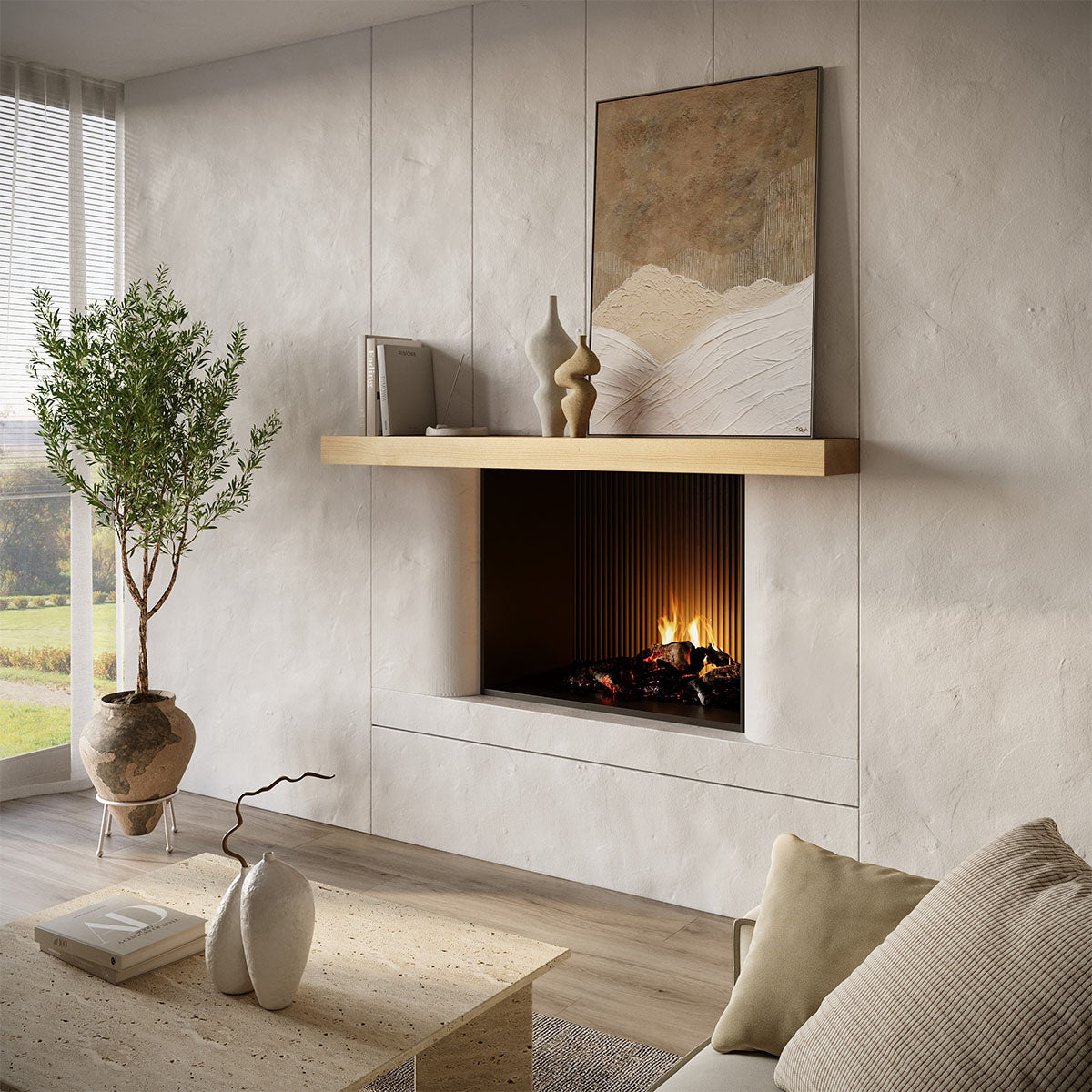 Textured Solid Floating Timber Fireplace Mantel Shelf.