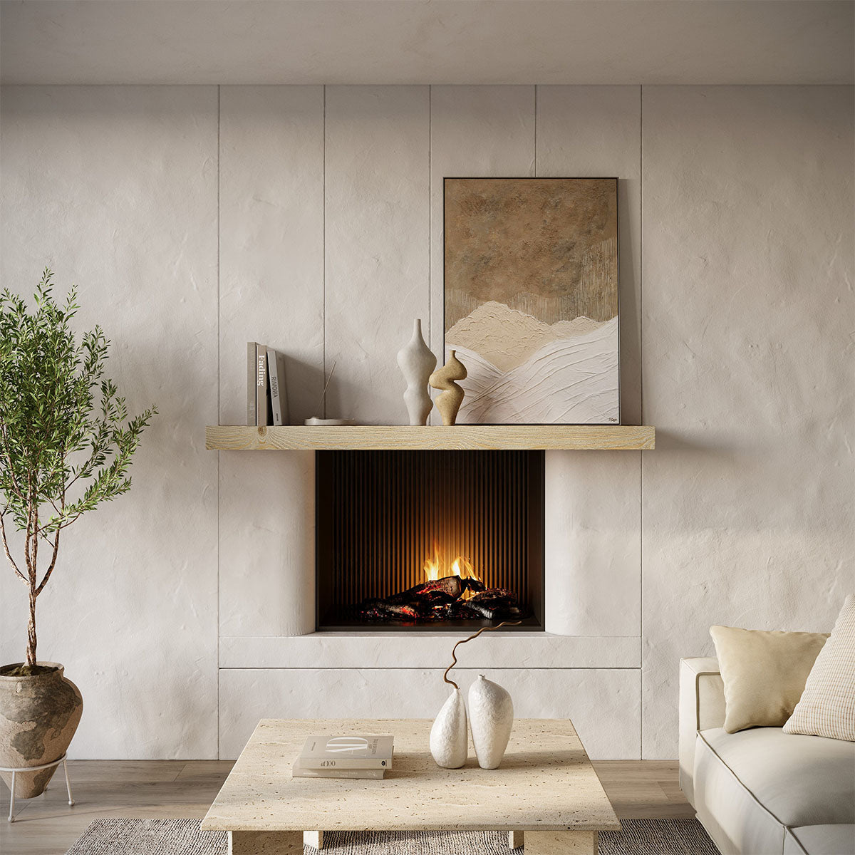 Textured Solid Floating Timber Fireplace Mantel Shelf.
