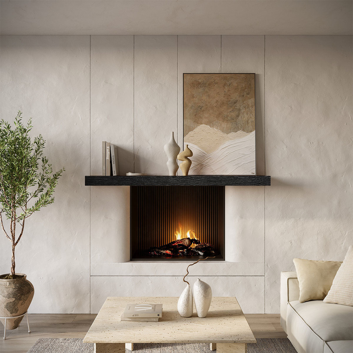 Textured Solid Floating Timber Fireplace Mantel Shelf.