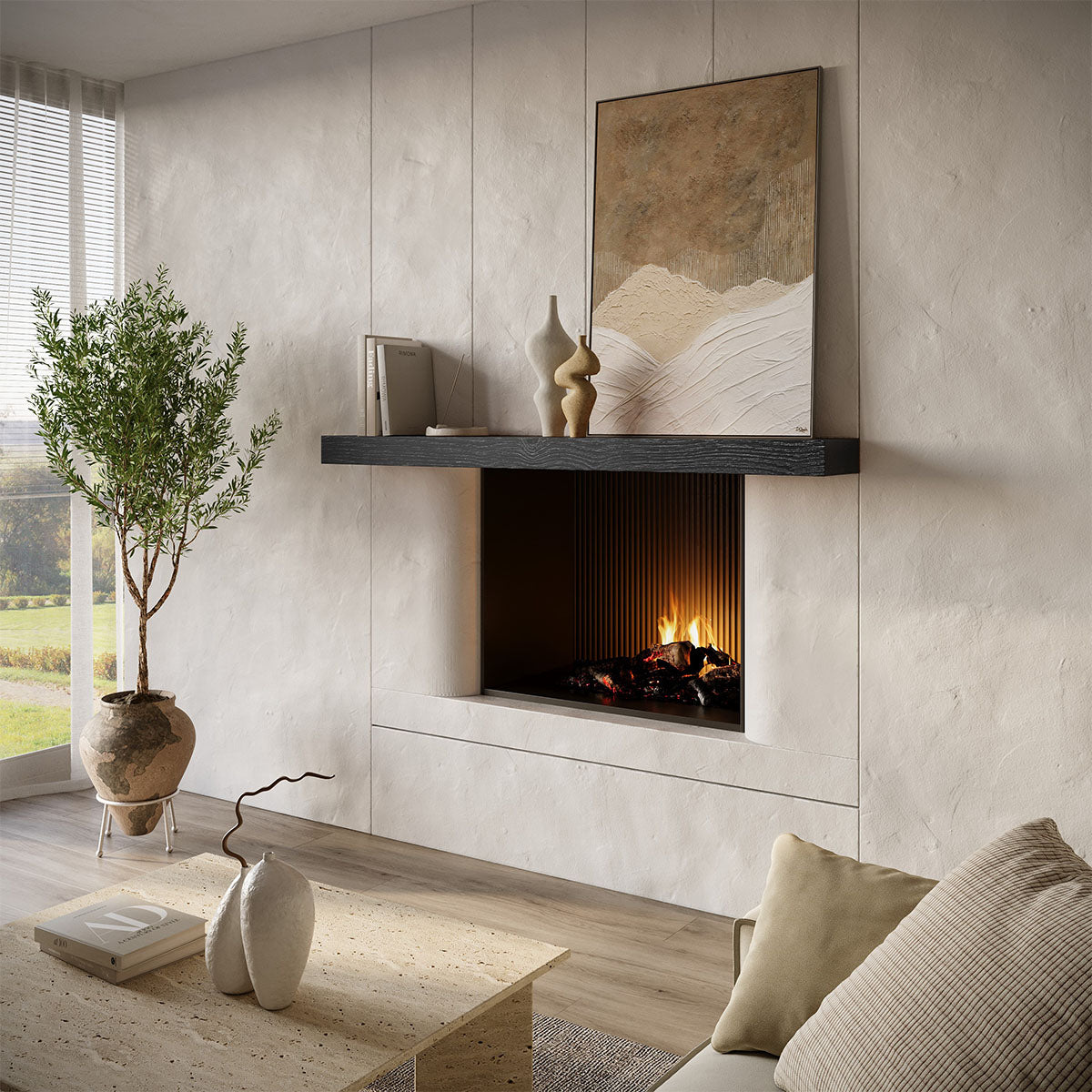 Textured Solid Floating Timber Fireplace Mantel Shelf.
