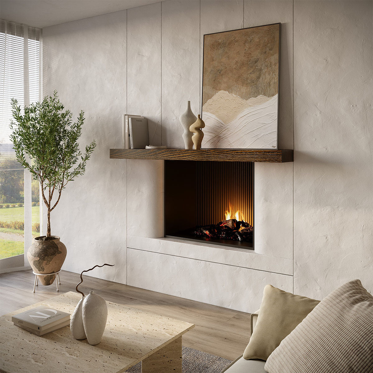 Textured Solid Floating Timber Fireplace Mantel Shelf.
