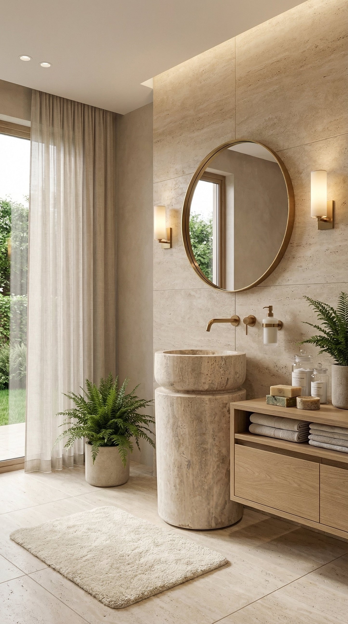 Troia Light Travertine Designer Pedestal Stand-Alone Fluted Sink (W)18" (L)18" (H)33".