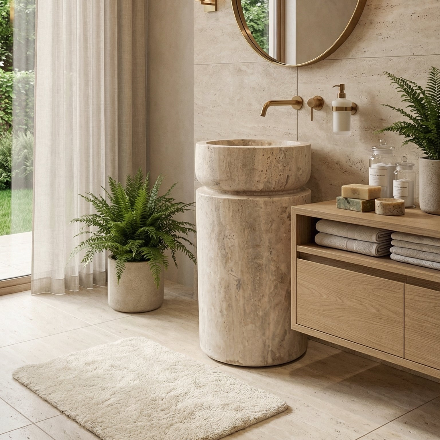 Troia Light Travertine Designer Pedestal Stand-Alone Fluted Sink (W)18" (L)18" (H)33".