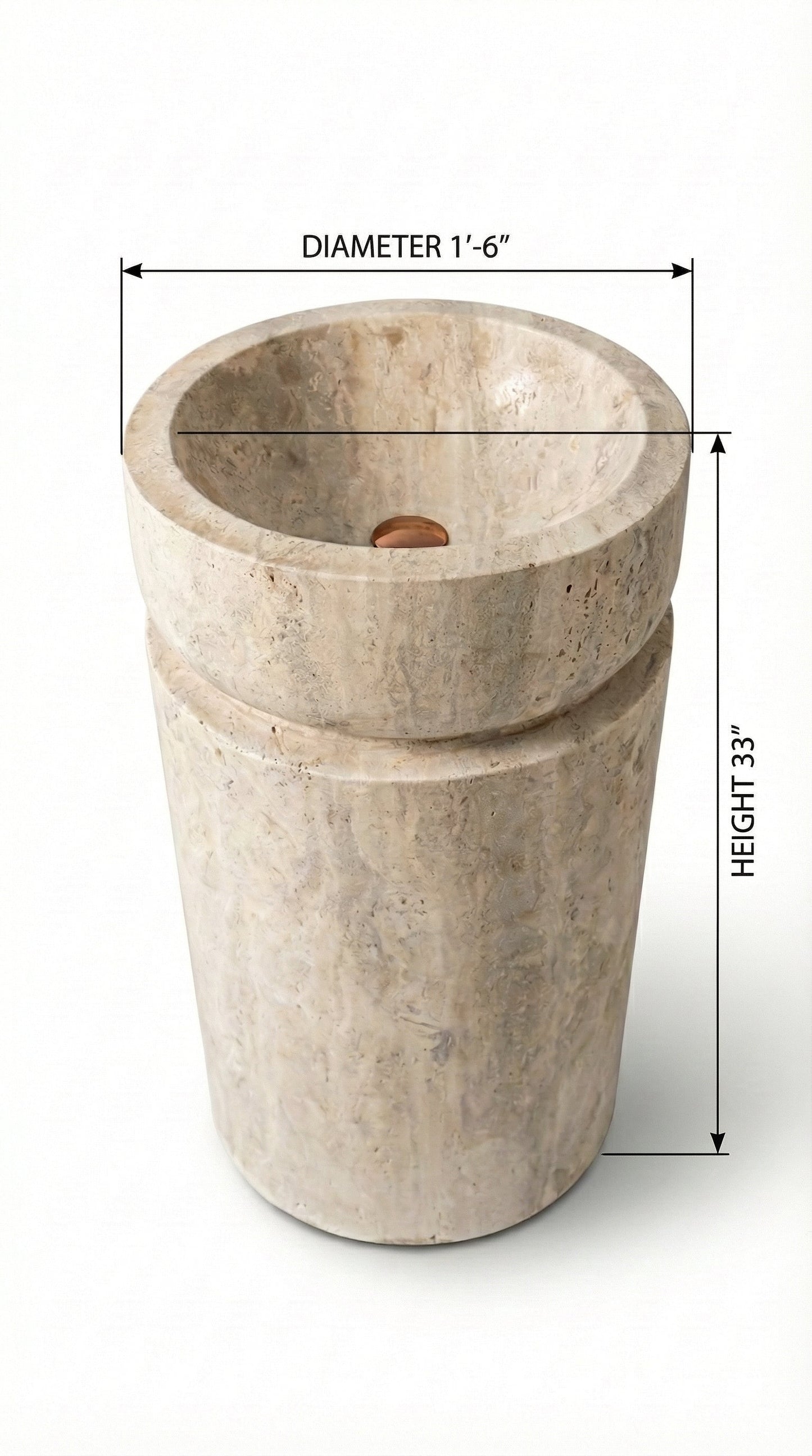Troia Light Travertine Designer Pedestal Stand-Alone Fluted Sink (W)18" (L)18" (H)33".