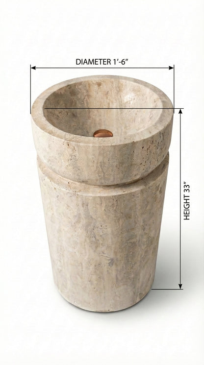 Troia Light Travertine Designer Pedestal Stand-Alone Fluted Sink (W)18" (L)18" (H)33".