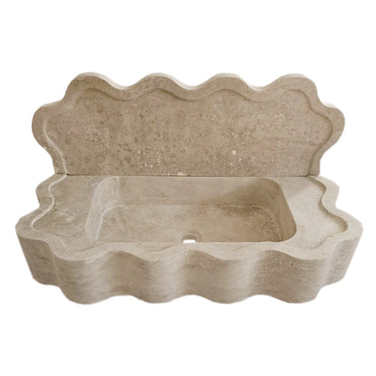 Tuscany Beige Travertine Wall-mount Wavy Edges Bathroom Sink with 5" Backsplash.