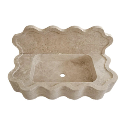 Tuscany Beige Travertine Wall-mount Wavy Edges Bathroom Sink with 5" Backsplash.