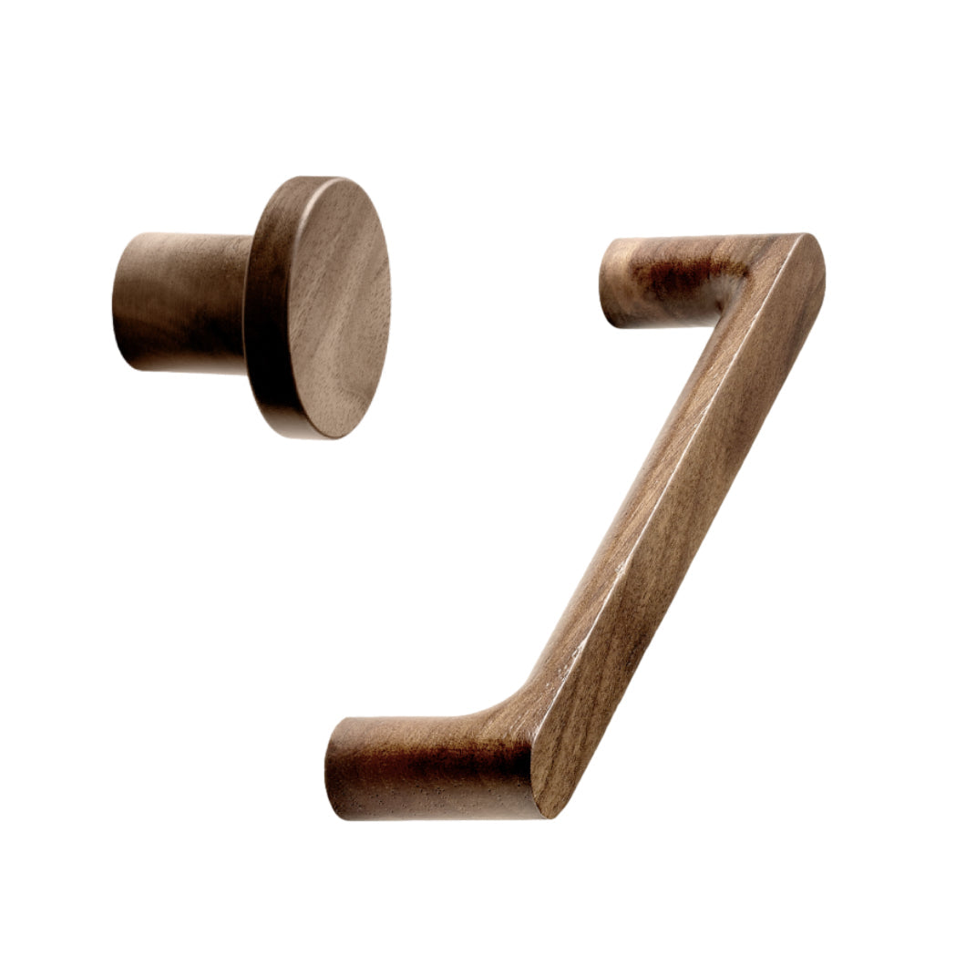 Walnut Lacquered Wood "Pinta" Cabinet Knob and Drawer Pulls.