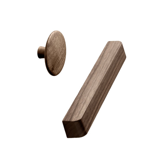 Walnut Wood "Degree" Cabinet Knob and Cup Drawer Pulls.