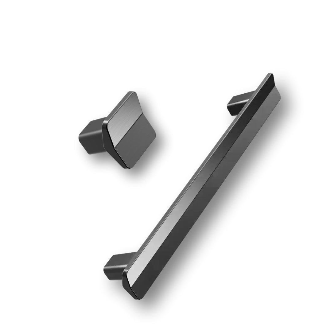 Gun Metal "Vis a Vis" Cabinet Knob and Drawer Pulls.