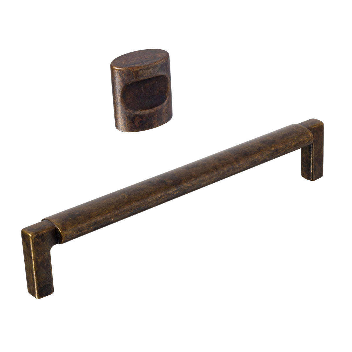U-Shaped "Florence" Cabinet Knob and Drawer Pulls in Worn Brass.