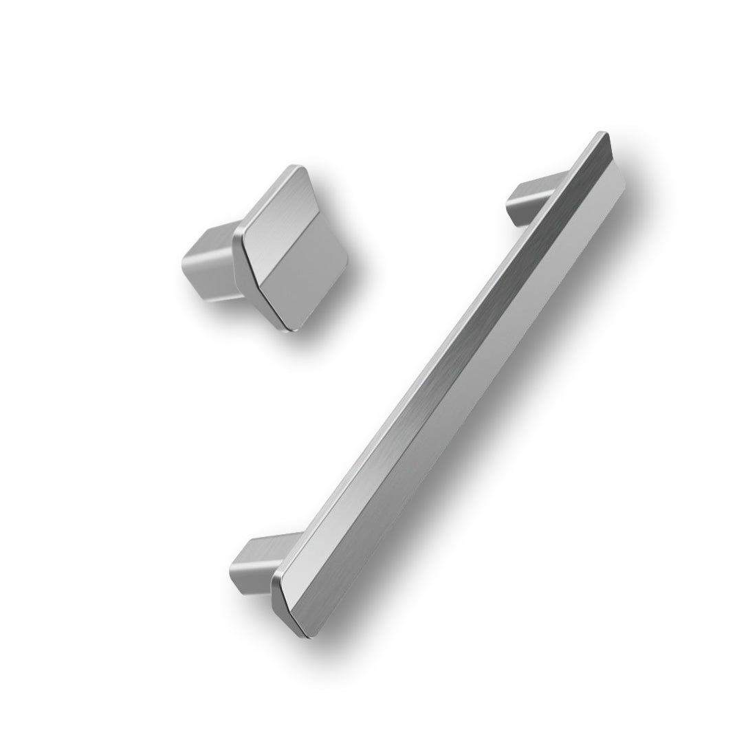 Satin Steel "Vis a Vis" Cabinet Knob and Drawer Pulls.