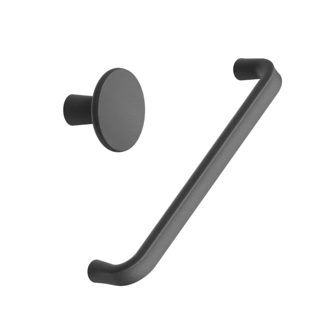 Matte Black "Terra" Cabinet Knob and Drawer Pulls.