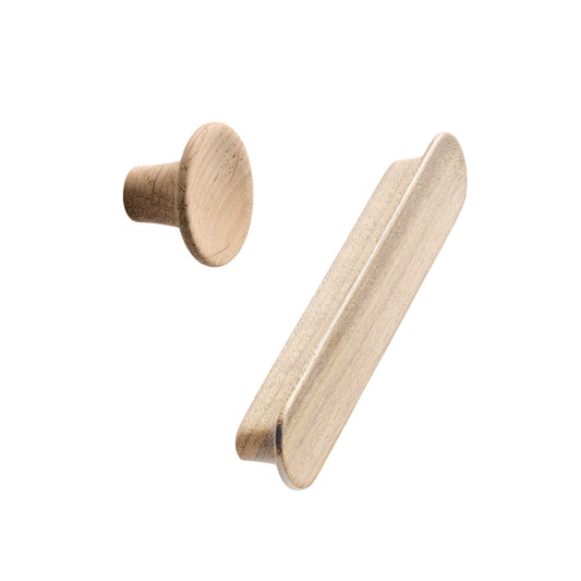 Unlacquered Oak Wood "Tuba" Cabinet Knob and Drawer Pulls.