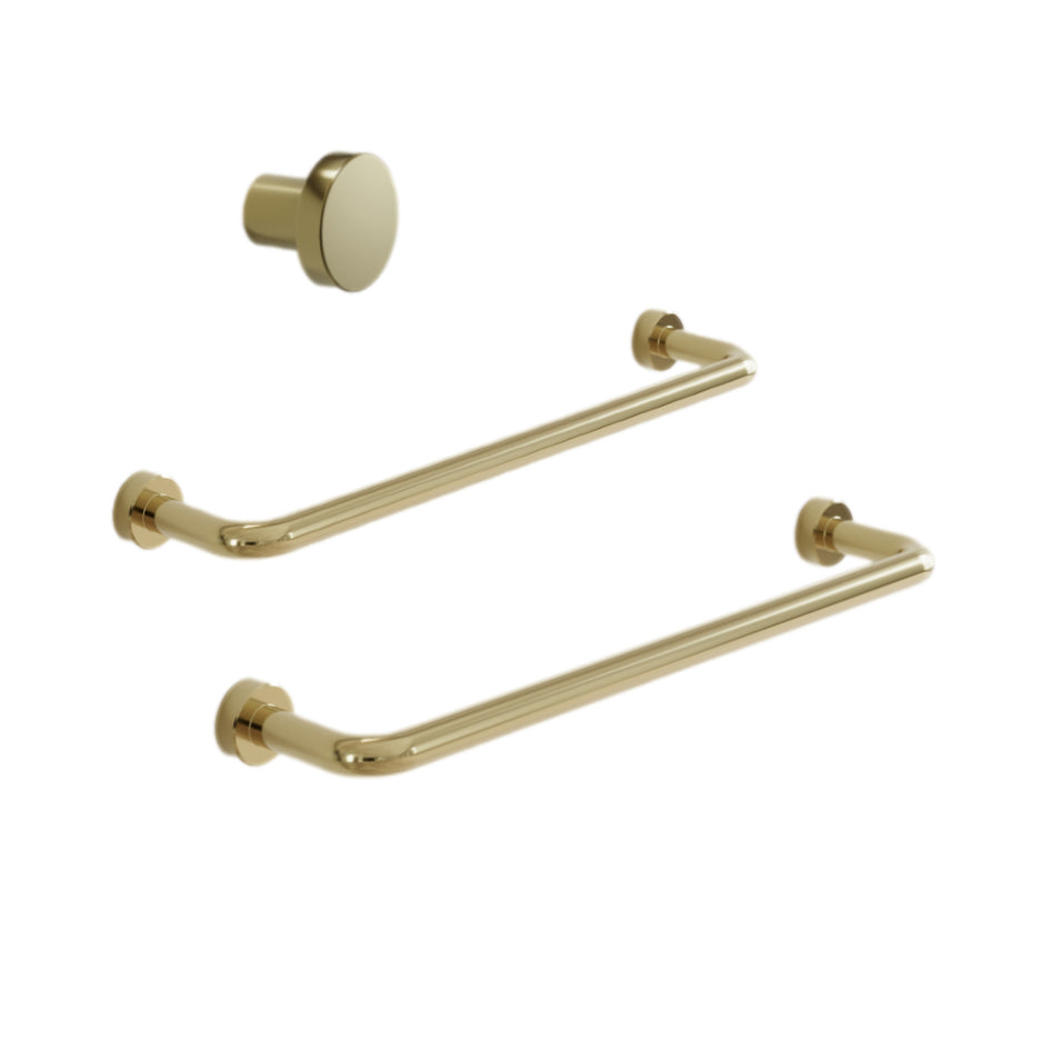 Polished Brass "Lounge" Cabinet Knob and Wire Drawer Pulls.