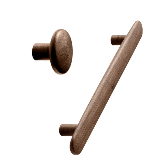 Walnut Lacquered Wood "Brutus" Cabinet Knob and Drawer Pulls.