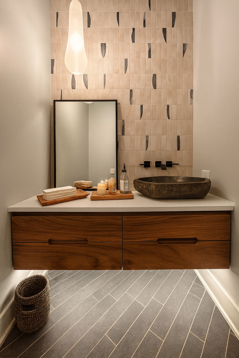 Bathroom vanity with wooden cabinets, sink, and decorative items.