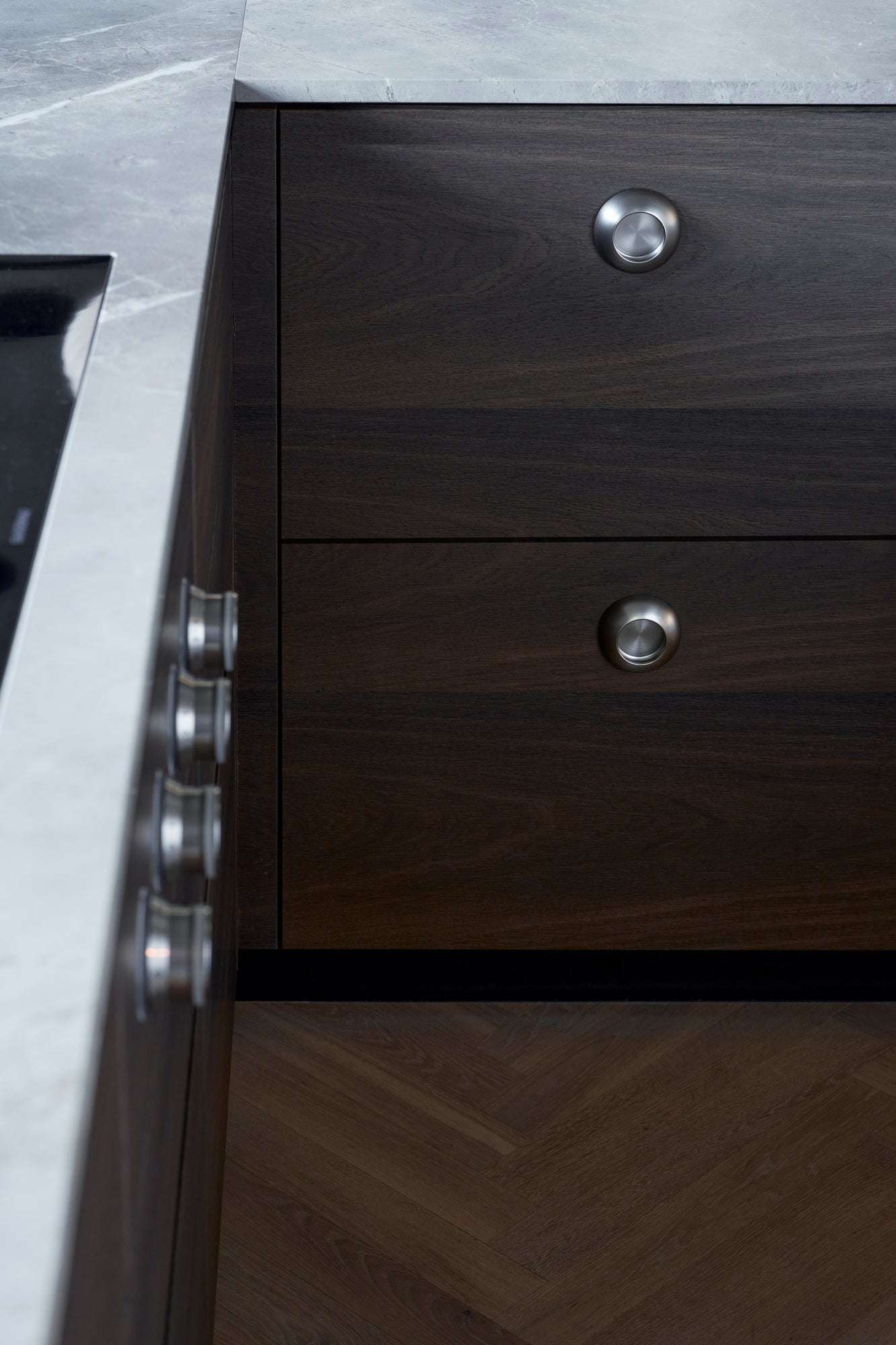 Satin Steel "Vibe" Cup Knob and Drawer Pull.