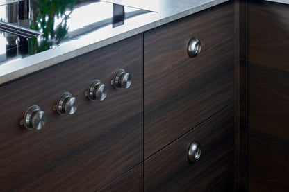 Satin Steel "Vibe" Cup Knob and Drawer Pull.