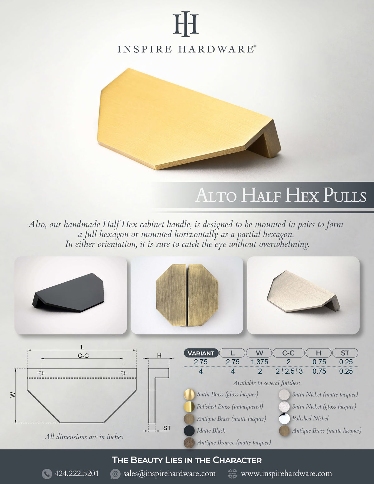 Alto, Solid Brass Half Hex Pulls.