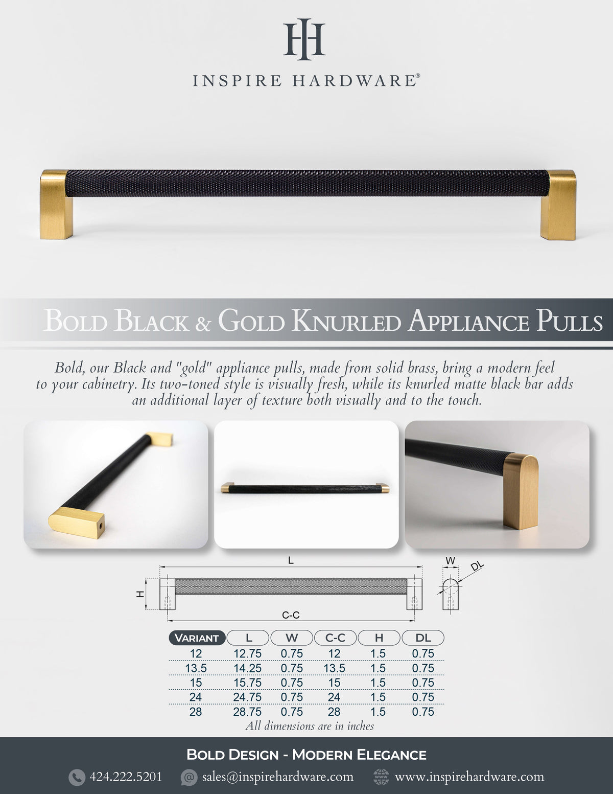 Bold, Black & Gold Knurled Solid Brass Appliance Pulls.
