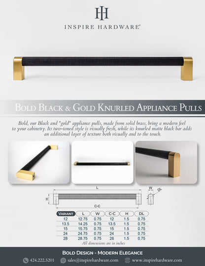 Bold, Black & Gold Knurled Solid Brass Appliance Pulls.
