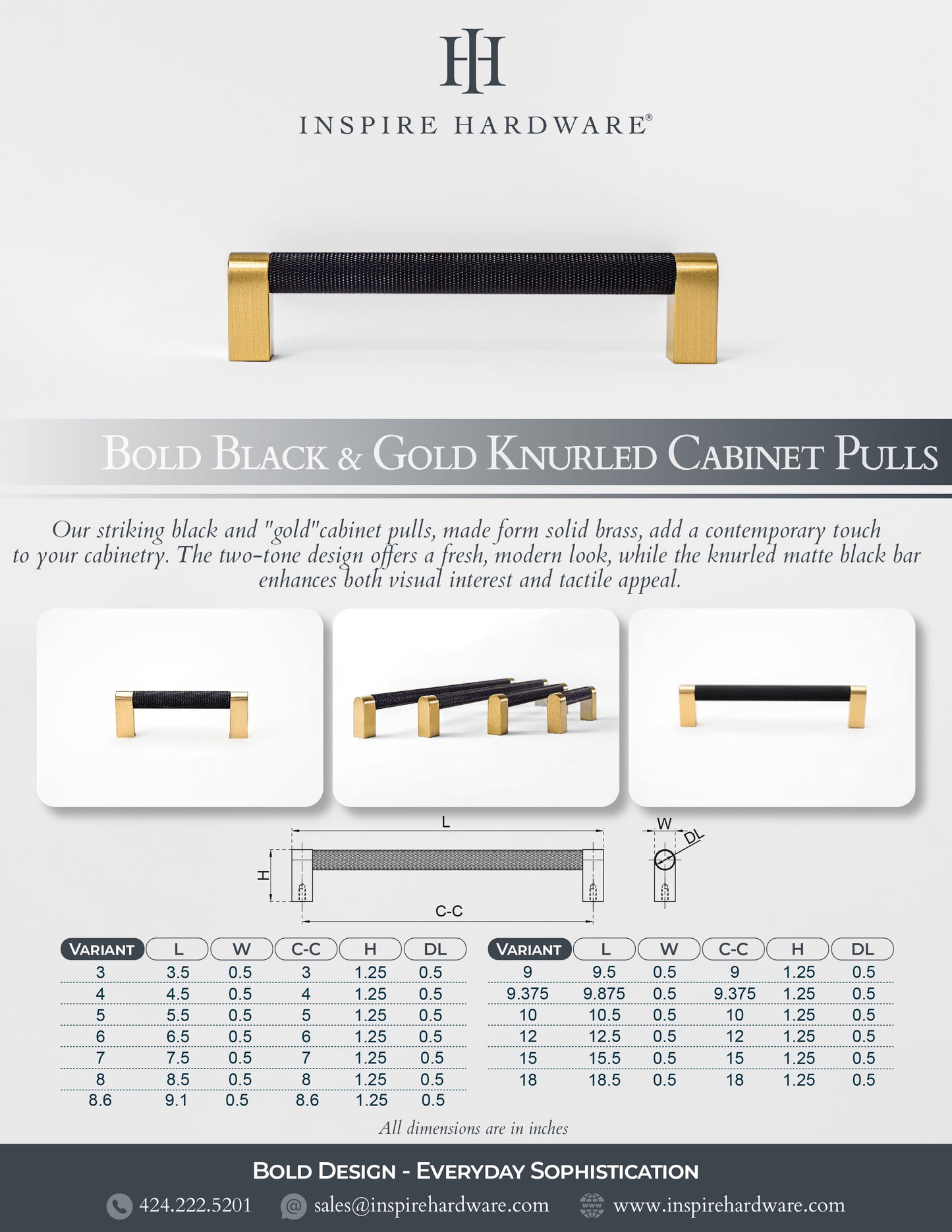 Bold, Solid Brass Black & Gold Knurled Cabinet Pulls.