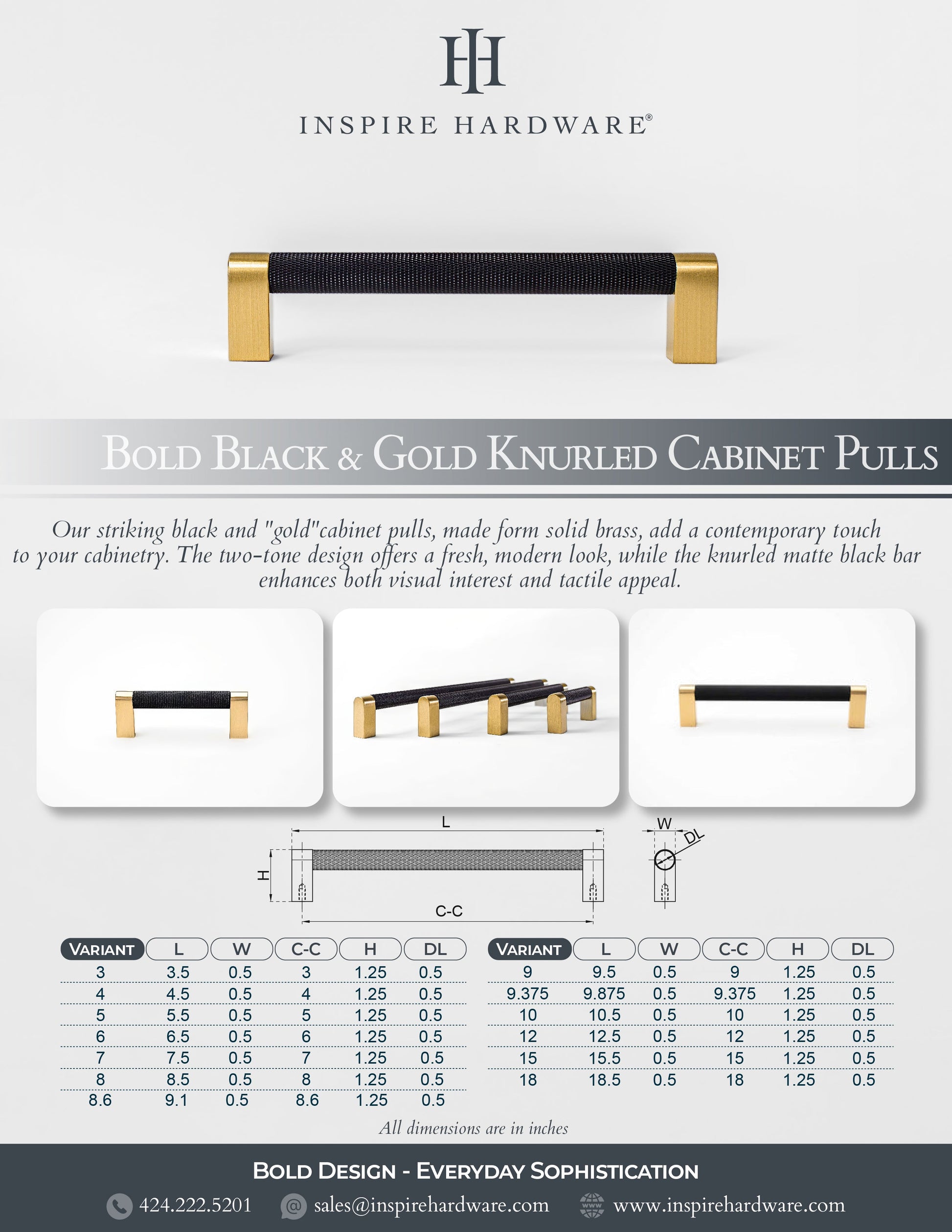 Bold, Solid Brass Black & Gold Knurled Cabinet Pulls.