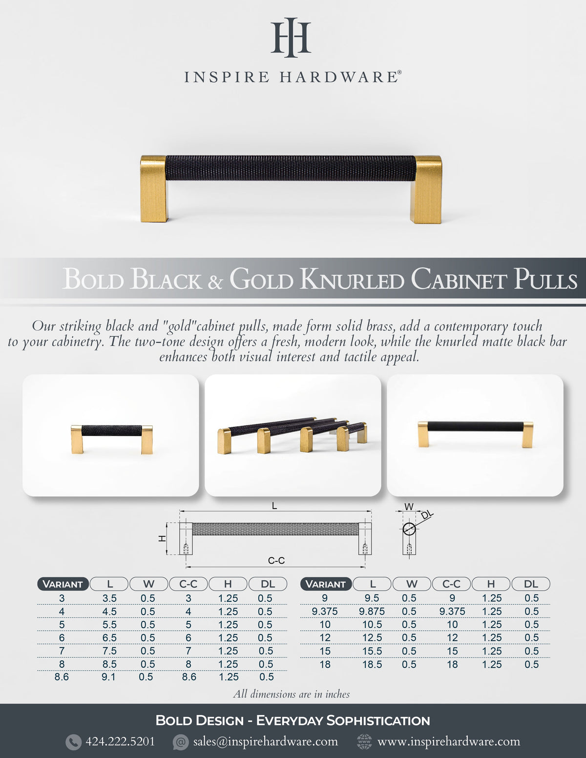 Bold, Solid Brass Black & Gold Knurled Cabinet Pulls.