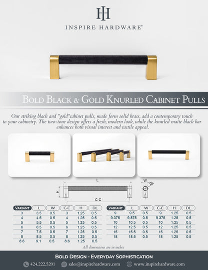 Bold, Solid Brass Black & Gold Knurled Cabinet Pulls.