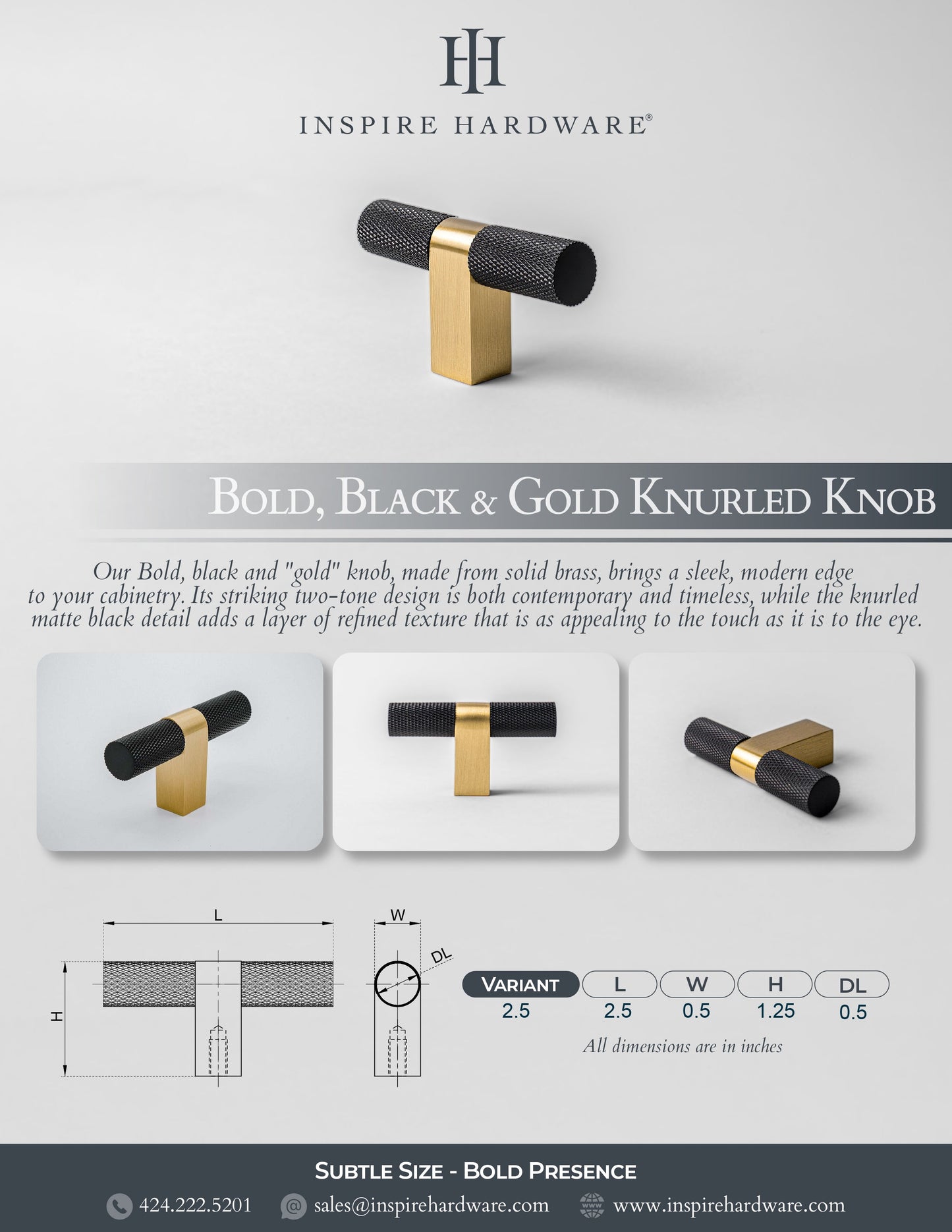 Bold, Black & Gold Knurled Solid Brass Knob.