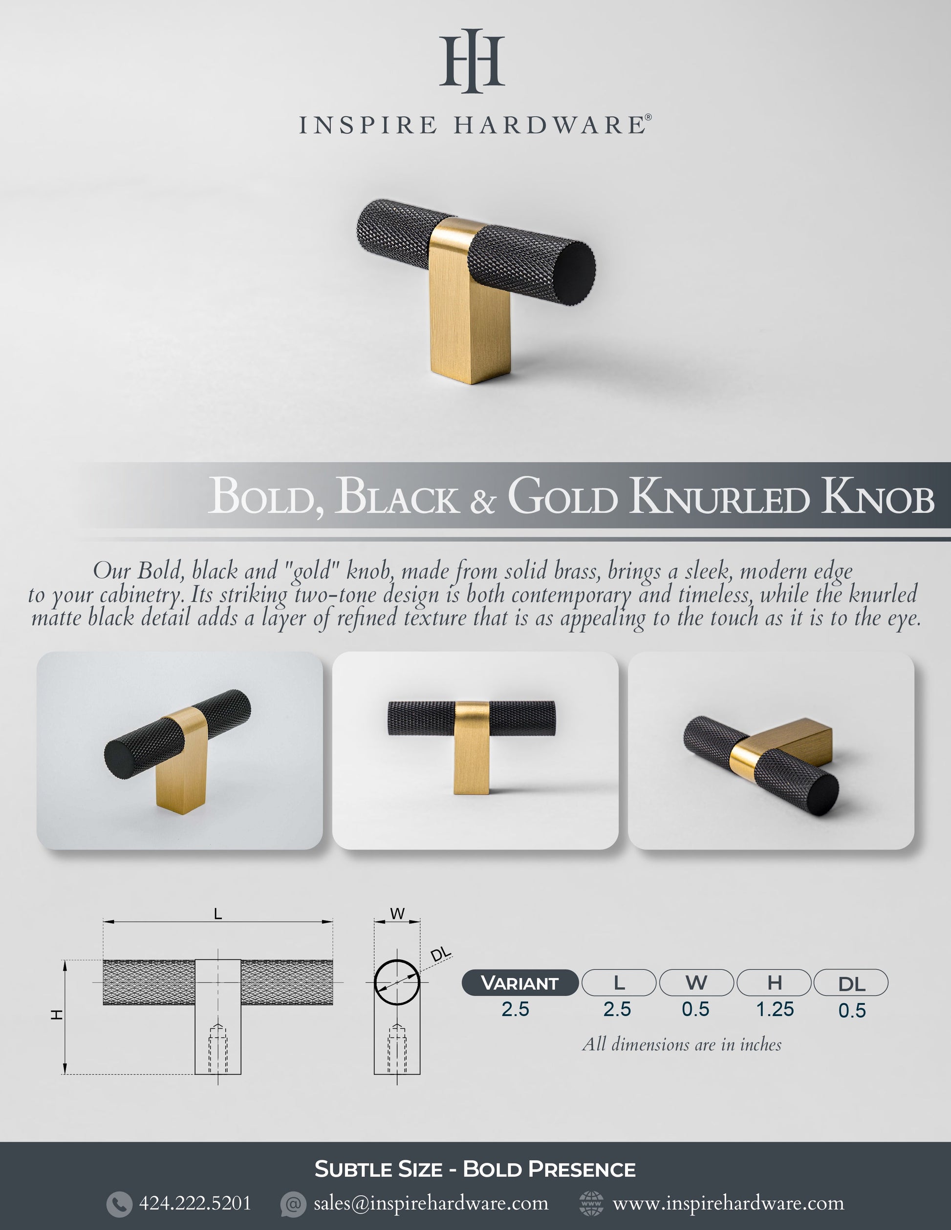 Bold, Black & Gold Knurled Solid Brass Knob.