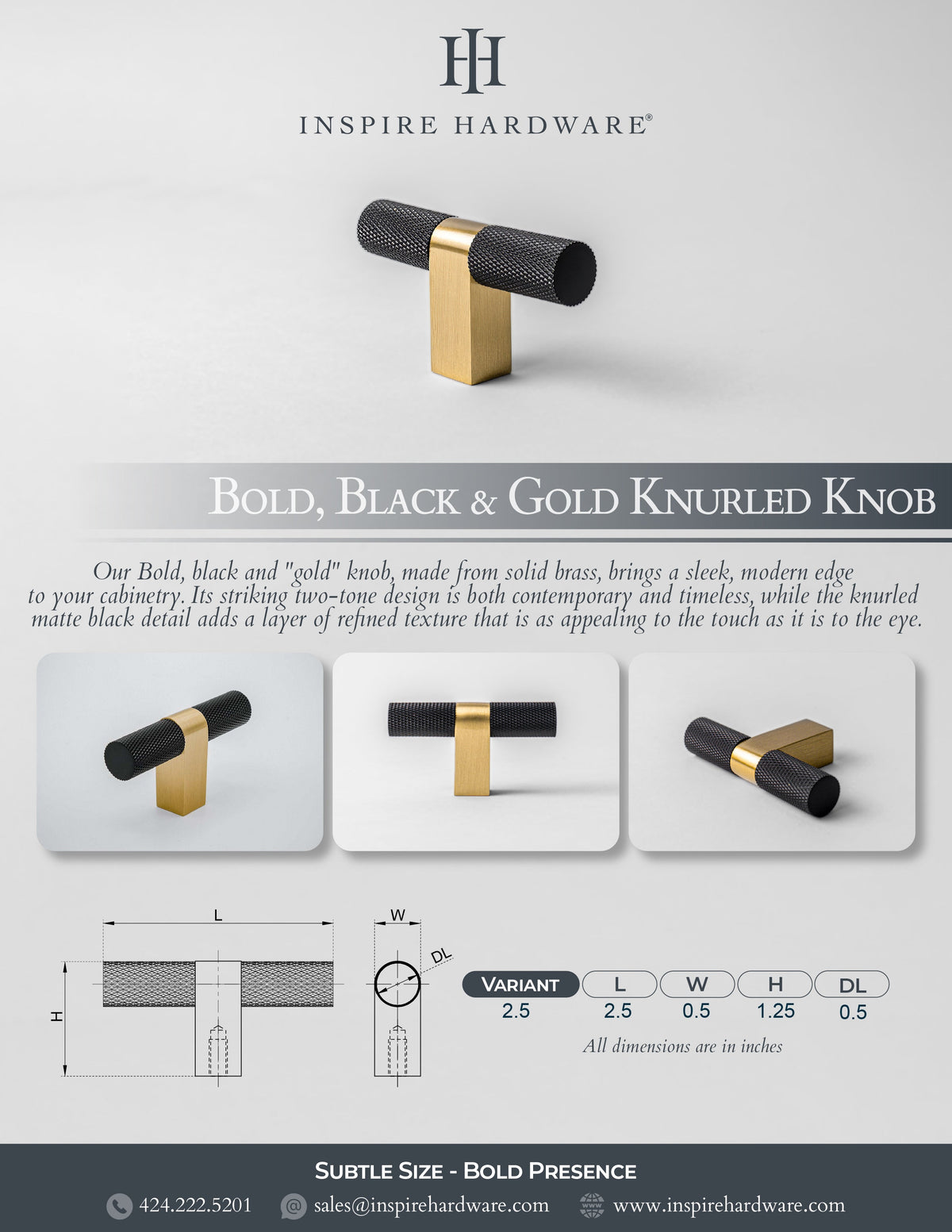 Bold, Black & Gold Knurled Solid Brass Knob.