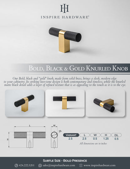 Bold, Black & Gold Knurled Solid Brass Knob.