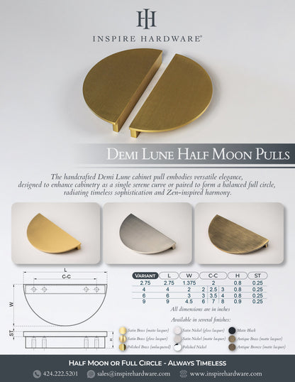 Demi Lune, Solid Brass Half Moon Cabinet Pulls.