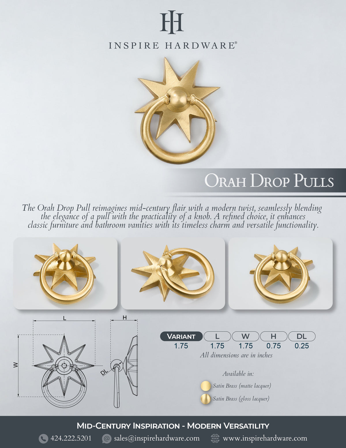 Orah, Solid Brass Drop Pulls.