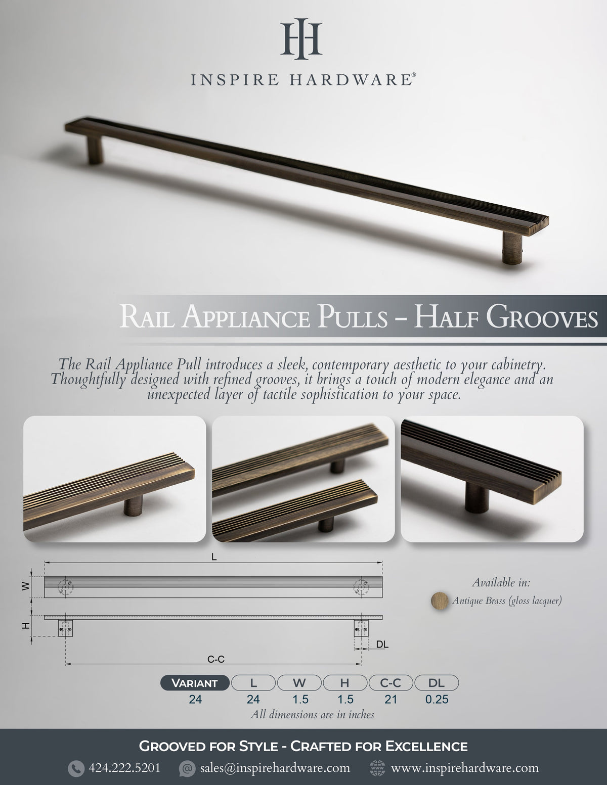 Rail, Antique Brass Appliance Pulls.