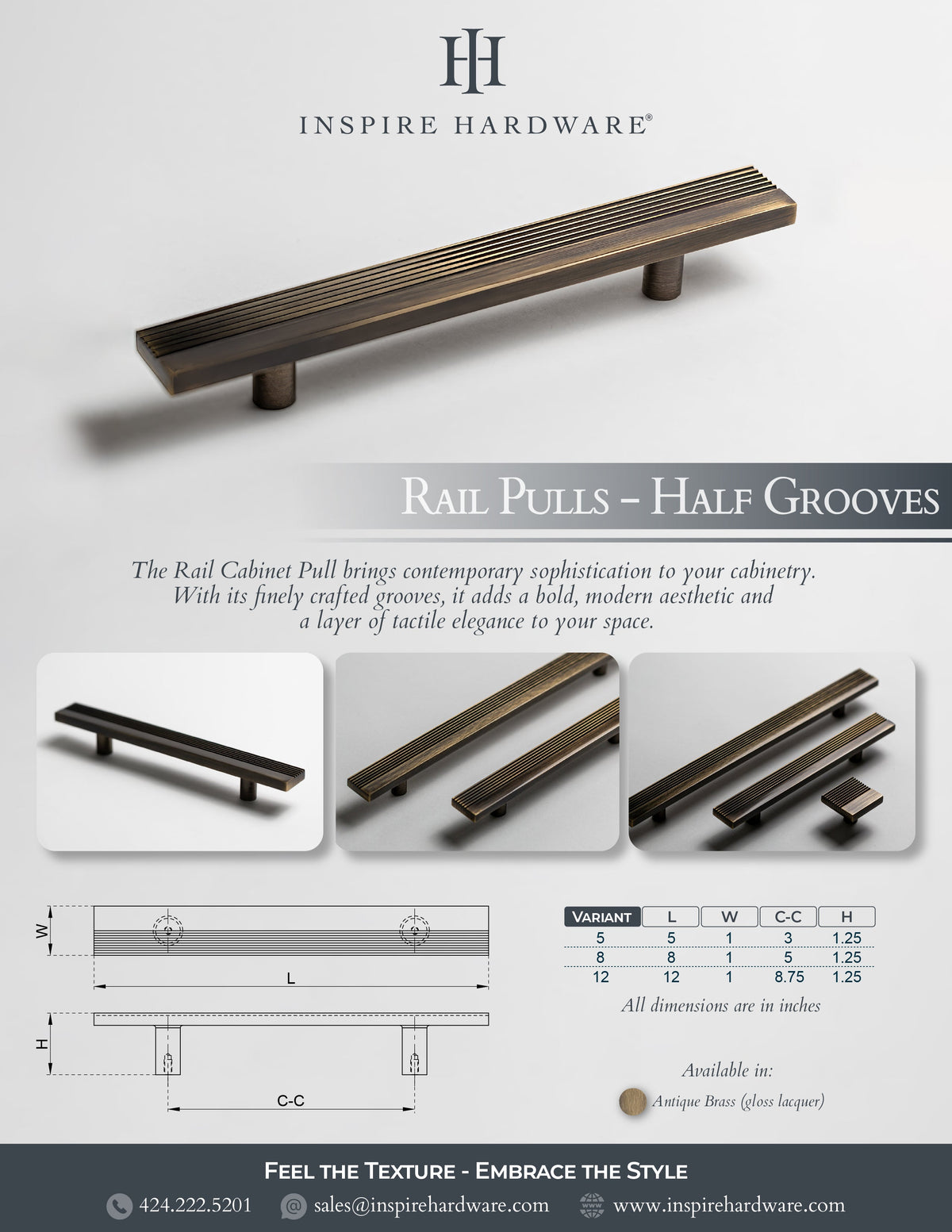 Rail, Antique Brass Cabinet Pulls.