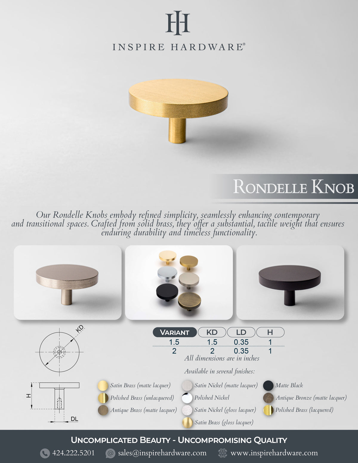 Rondelle, Solid Brass Cabinet Knobs.