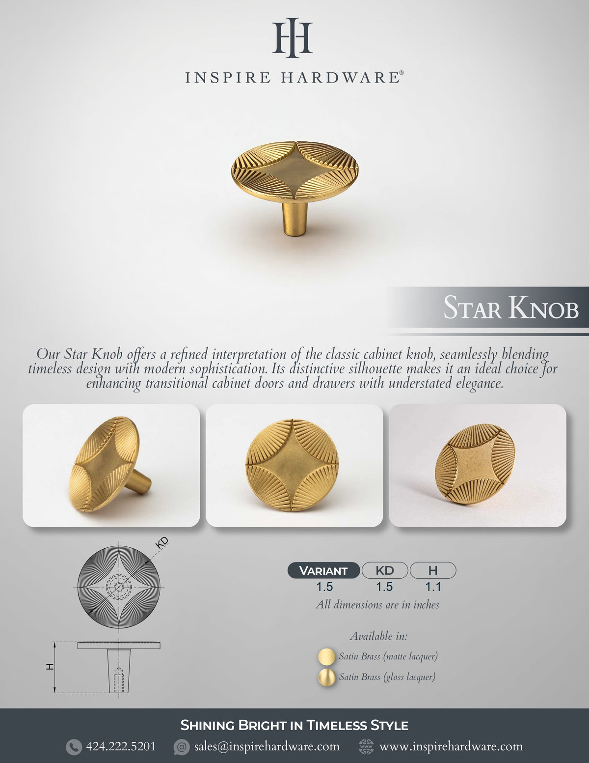 Star, Solid Brass Cabinet Knob.