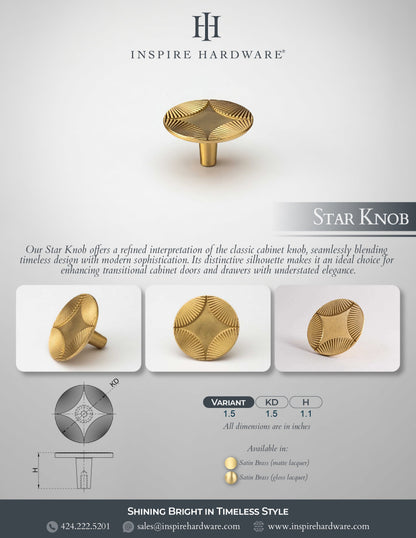Star, Solid Brass Cabinet Knob.
