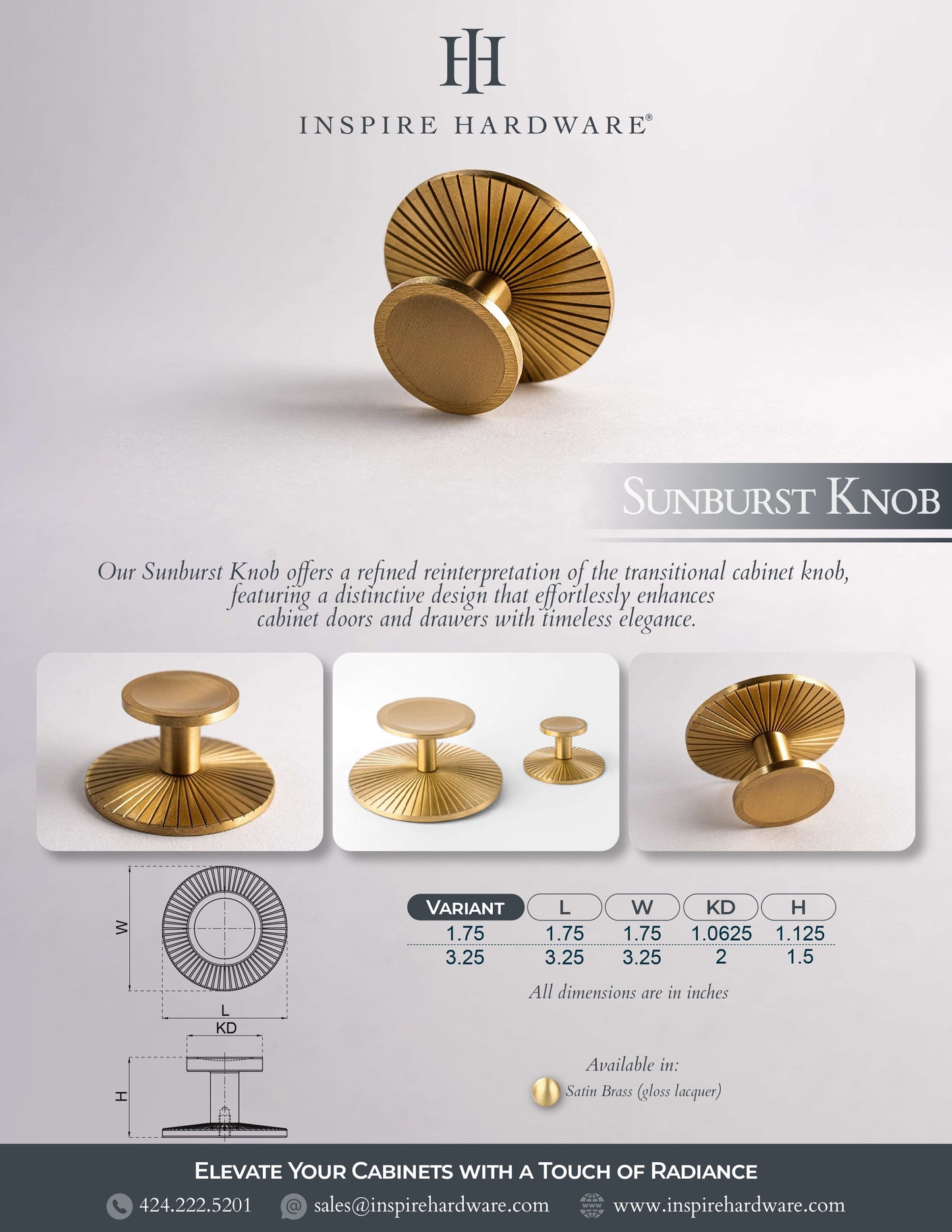 Sunburst, Solid Brass Cabinet Knobs.