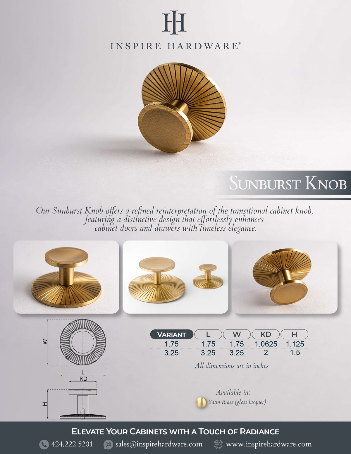 Sunburst, Solid Brass Cabinet Knobs.