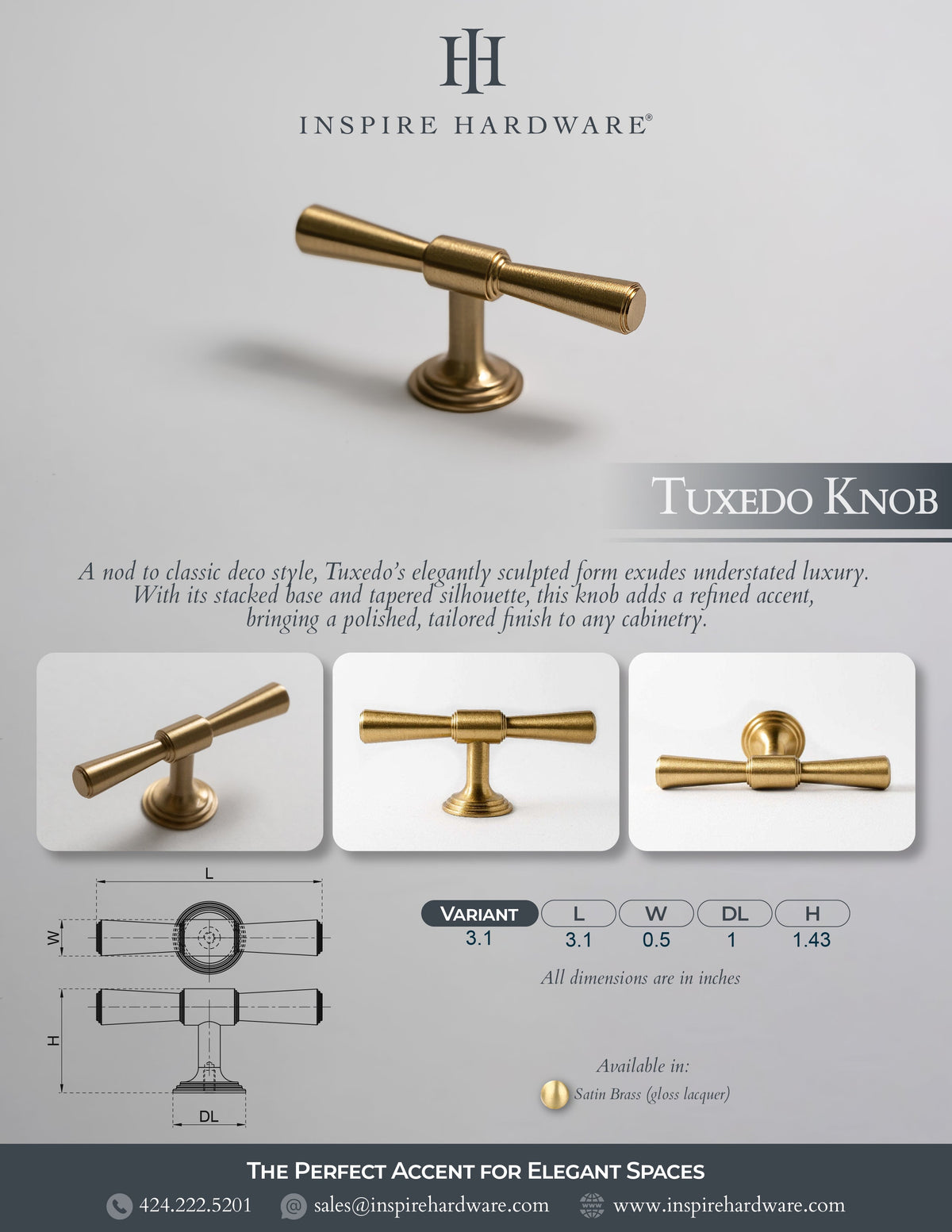 Tuxedo Knob, Solid Brass Cabinet Knob.