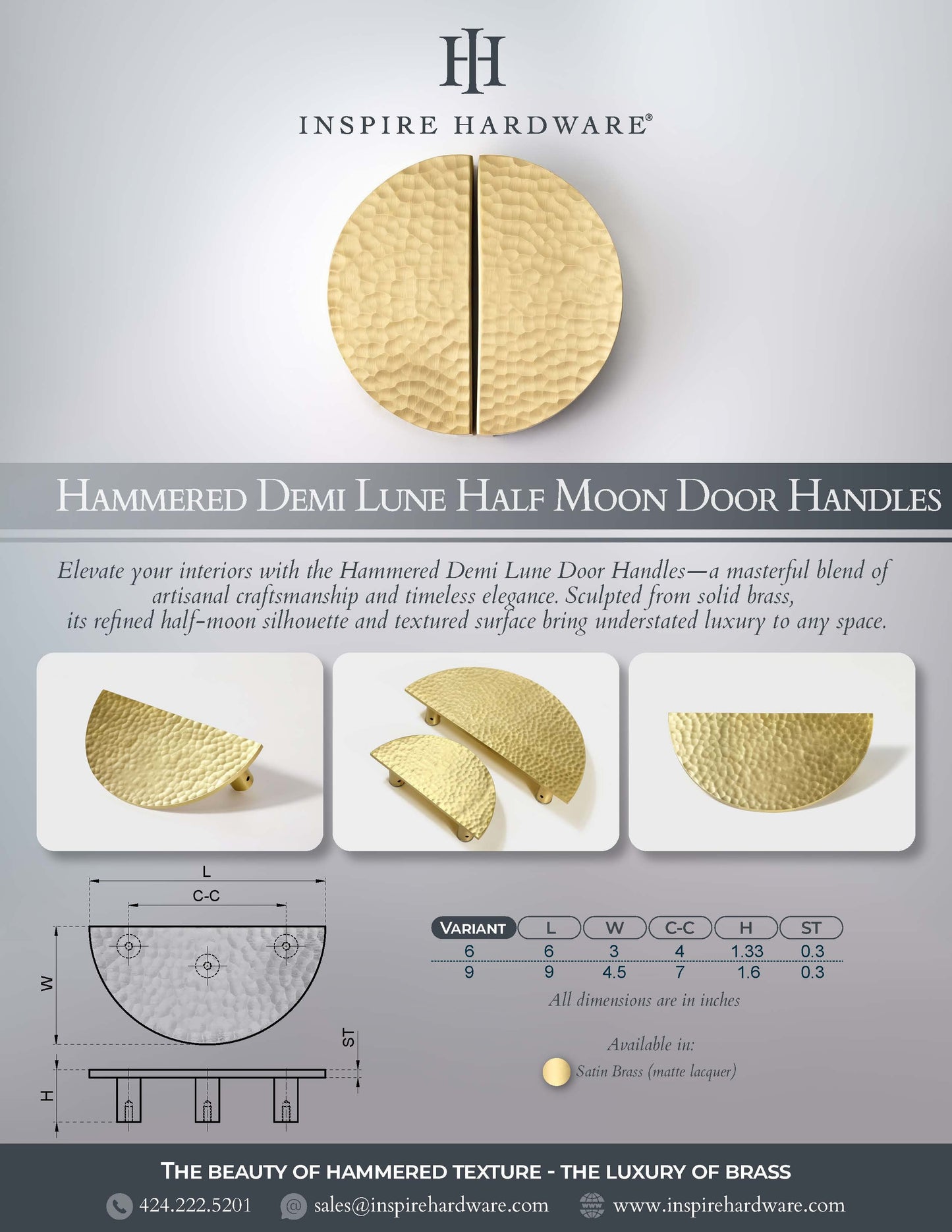 Hammered Demi Lune, Solid Brass Half Moon Door Handles.