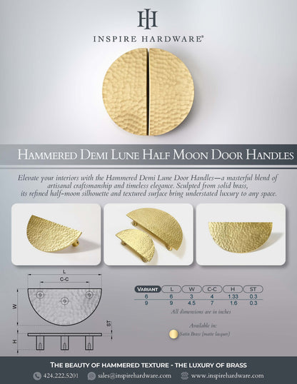 Hammered Demi Lune, Solid Brass Half Moon Door Handles.
